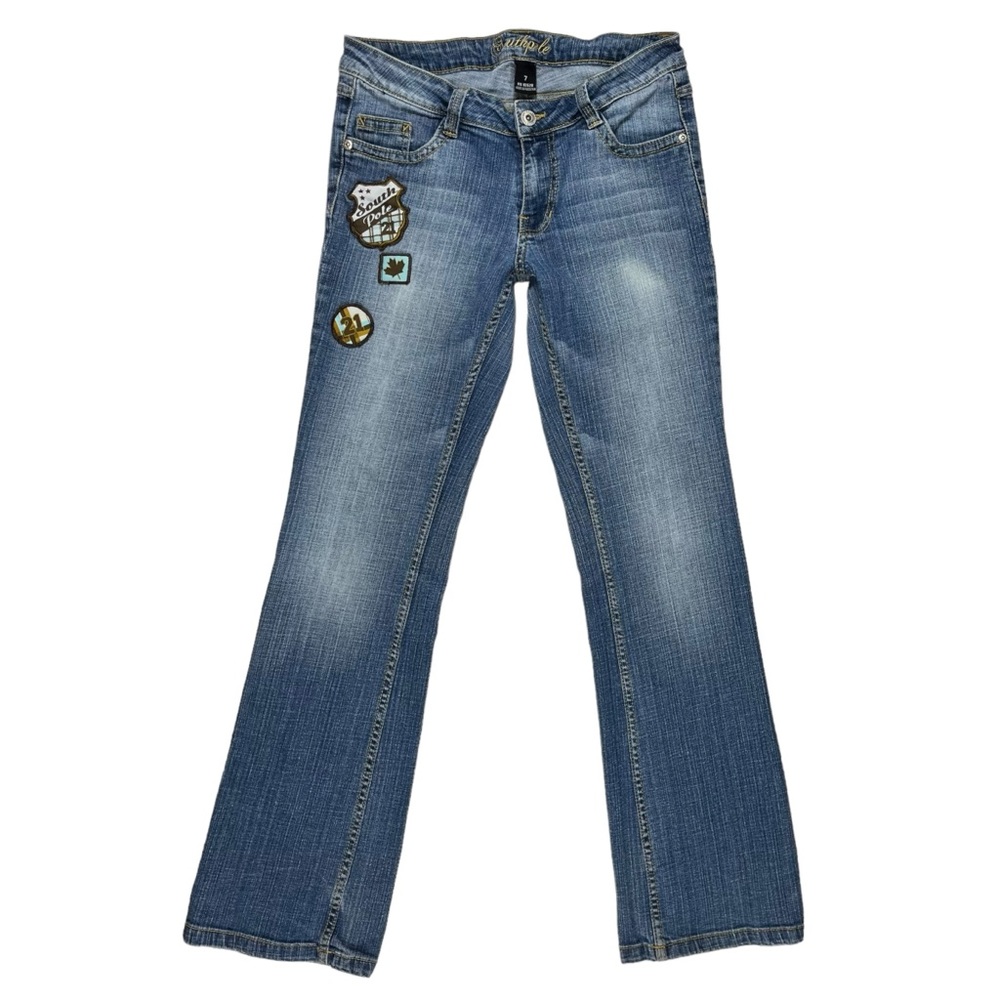 Southpole Junior 7 Y2K Low Rise Bootcut Logo Patch Medium Blue Wash Denim Jeans